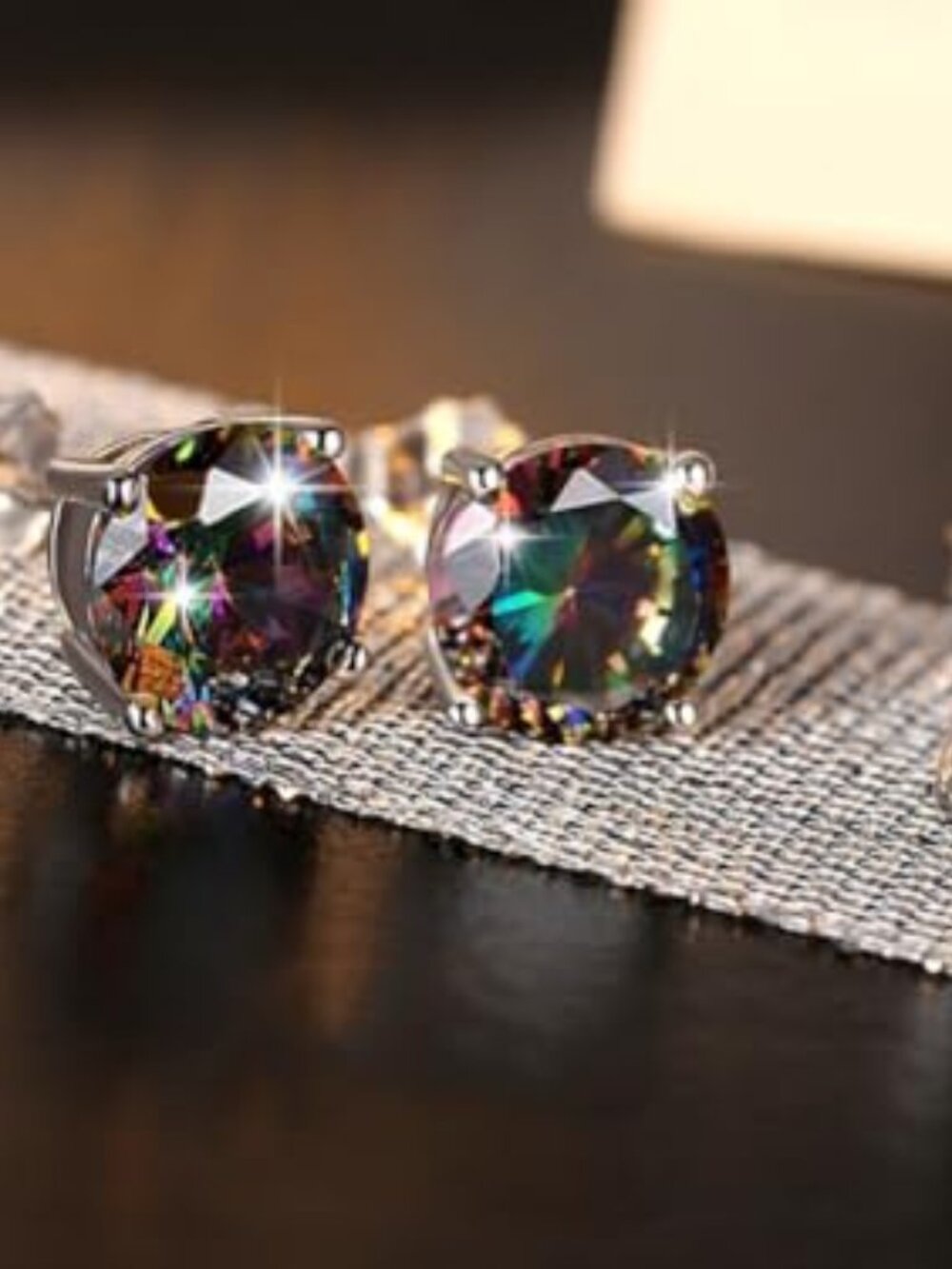 2 Pairs 18K White Gold Plated Round/Square CZ Earrings Created Rainbow Quartz